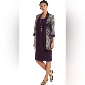 NWT! R&M Richards 2 Piece Printed Jacket And Dress Set Petite - Eggplant